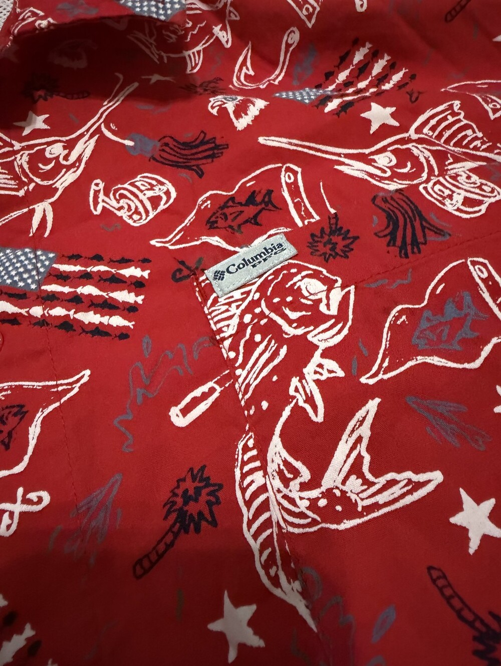 Columbia PFG Bahama Shirt Men's Large Red Patriotic Fishing Button Up Fish USA - Picture 3 of 5